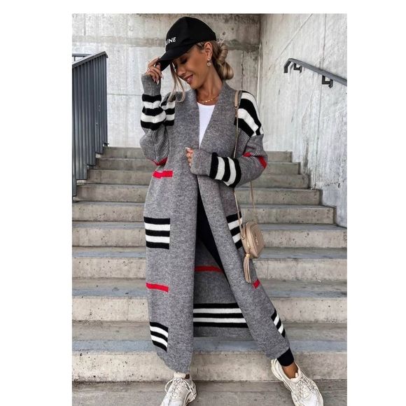 Malabay Sweaters - Christie Striped Longline Knitted Cardigan